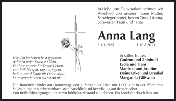 Traueranzeige von Anna Lang von Pegnitz-Zeitung